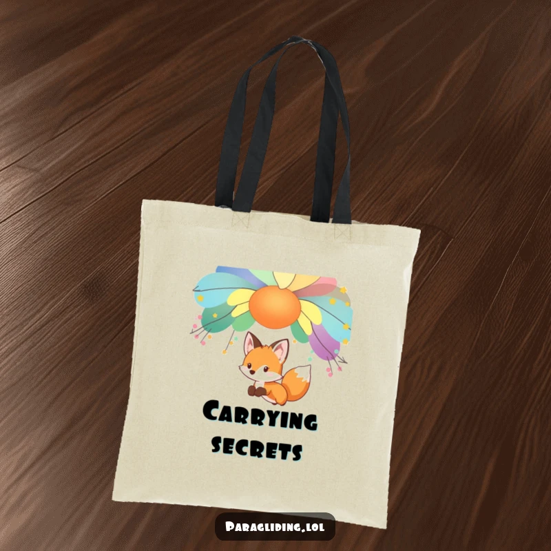 Funny fox, gliding gently under a colorful canopy, on a spacious tote bag, a great funny gift.