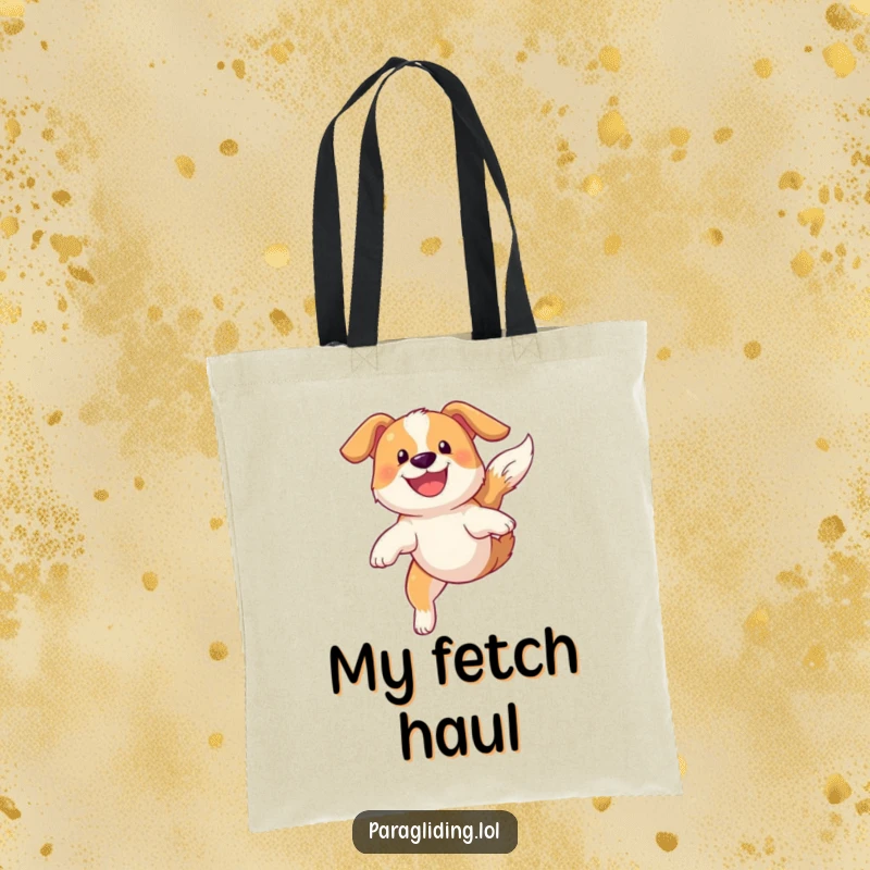 Funny tote bag with a grinning dog soaring gracefully through the sky, perfect for carrying essentials humorously.