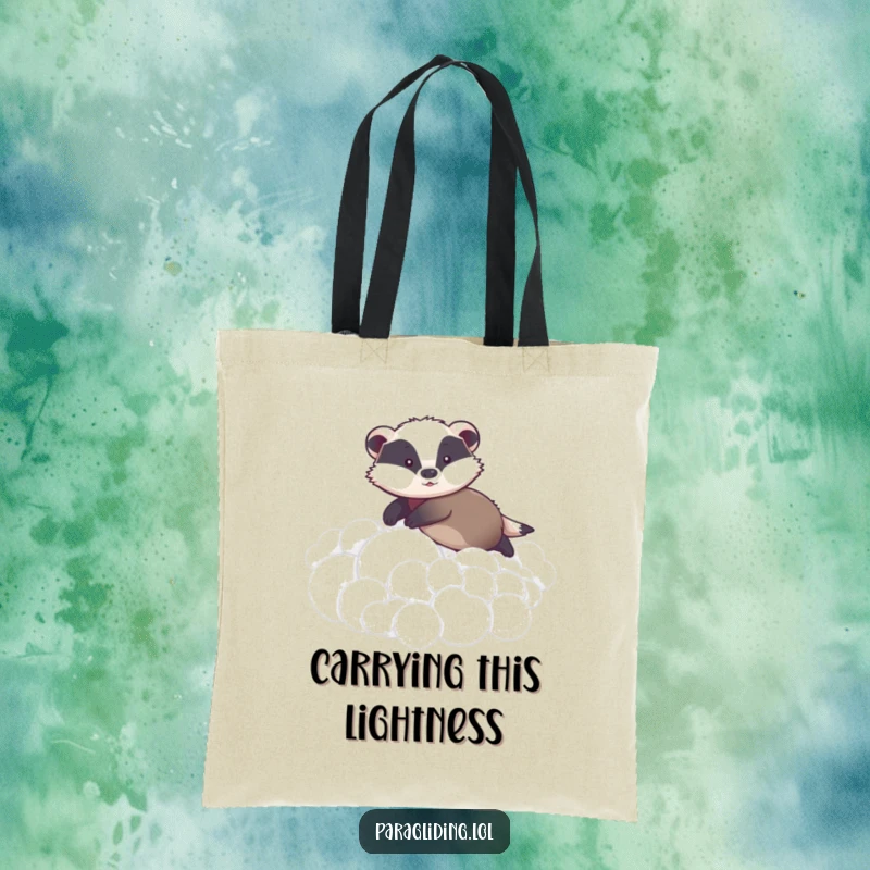 Funny tote bag featuring a graceful badger peacefully gliding over fluffy clouds, embodying tranquility and a touch of lighthearted fun.