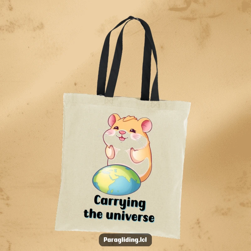 Funny hamster tote bag with a smiling hamster looking down at the world, perfect for carrying essentials with humor.