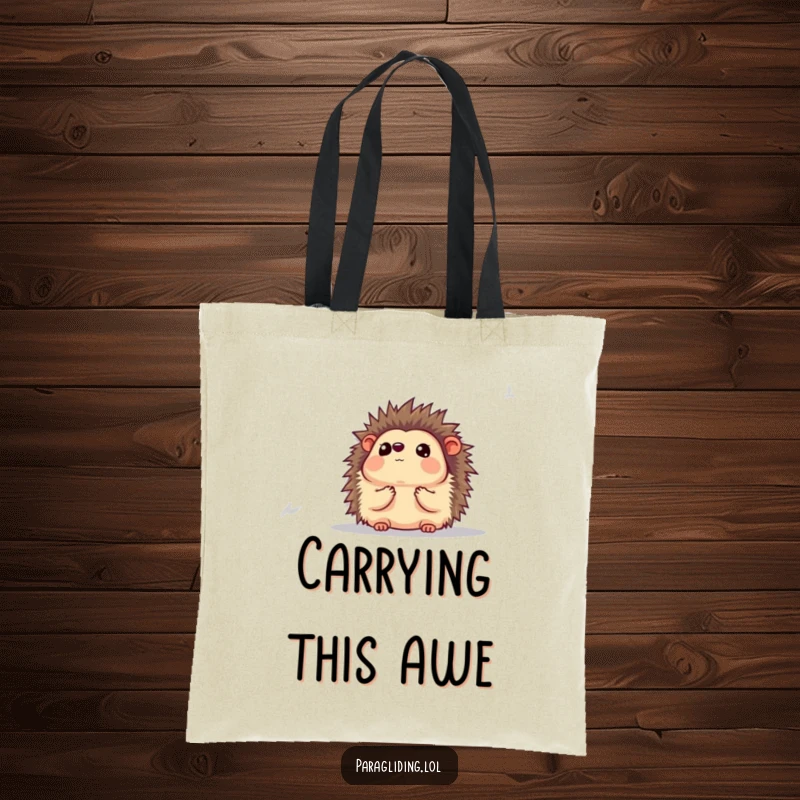 Funny tote bag with a hedgehog looking awestruck at the stunning view below, perfect for carrying essentials humorously.