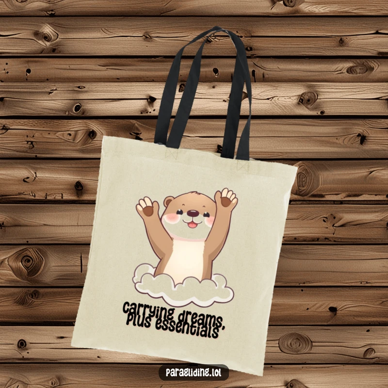 Funny otter waving from sky, durable tote bag, whimsical animal art, perfect funny gift for shoppers.