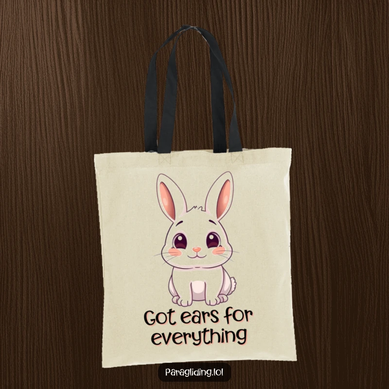 Funny tote bag with a playful rabbit looking down, its eyes wide with amazement and curiosity.