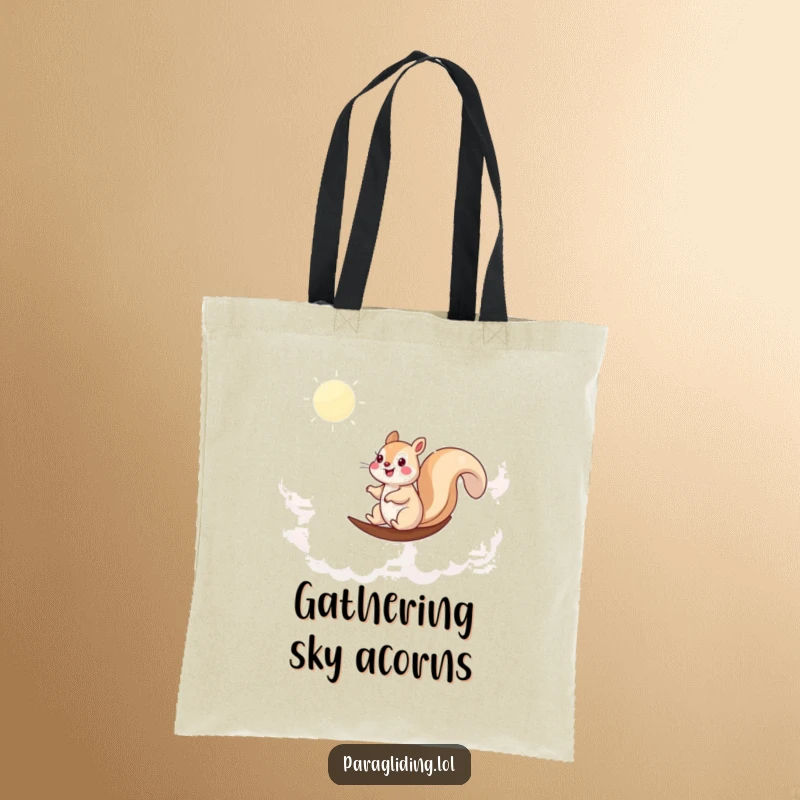 Funny tote bag depicting a happy squirrel sailing smoothly amongst the clouds, perfect for carrying treasures.