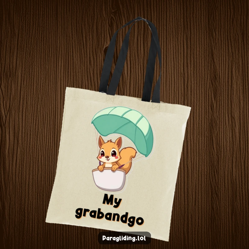 Funny squirrel tote bag, a reusable bag with a squirrel peeking over a paraglider's edge, perfect for errands.