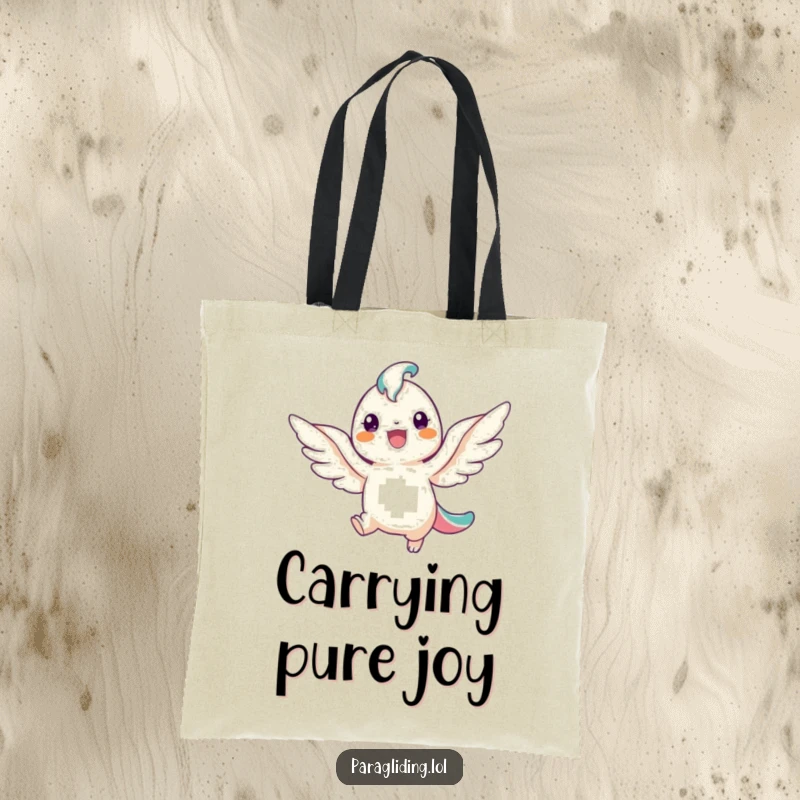 Funny tote bag featuring a smiling winged creature descending with joy, perfect for carrying items with a touch of humor.